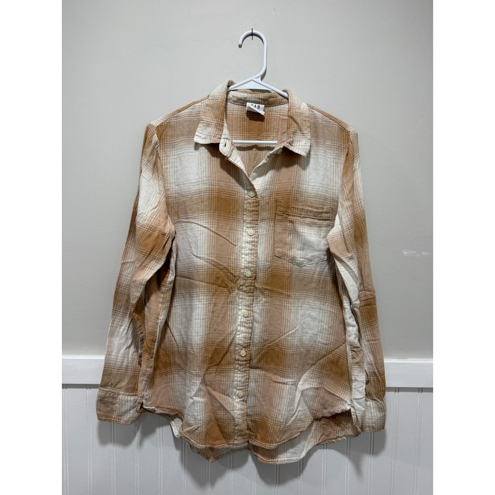Gap Easy Shirt Button Down Plaid Soft Fall Tan White Women Size Medium